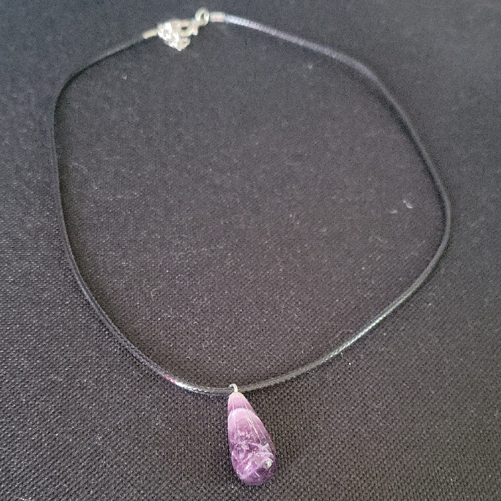 Amethyst Teardrop Pendant Necklace on Black Chain